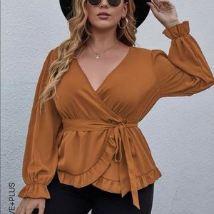 Wrap frill trimmed belted blouse